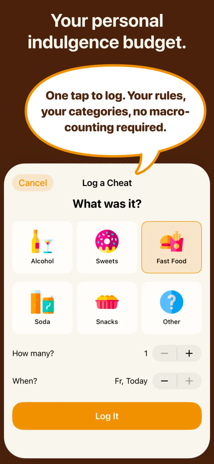Log a cheat panel with category, count, and time pickers